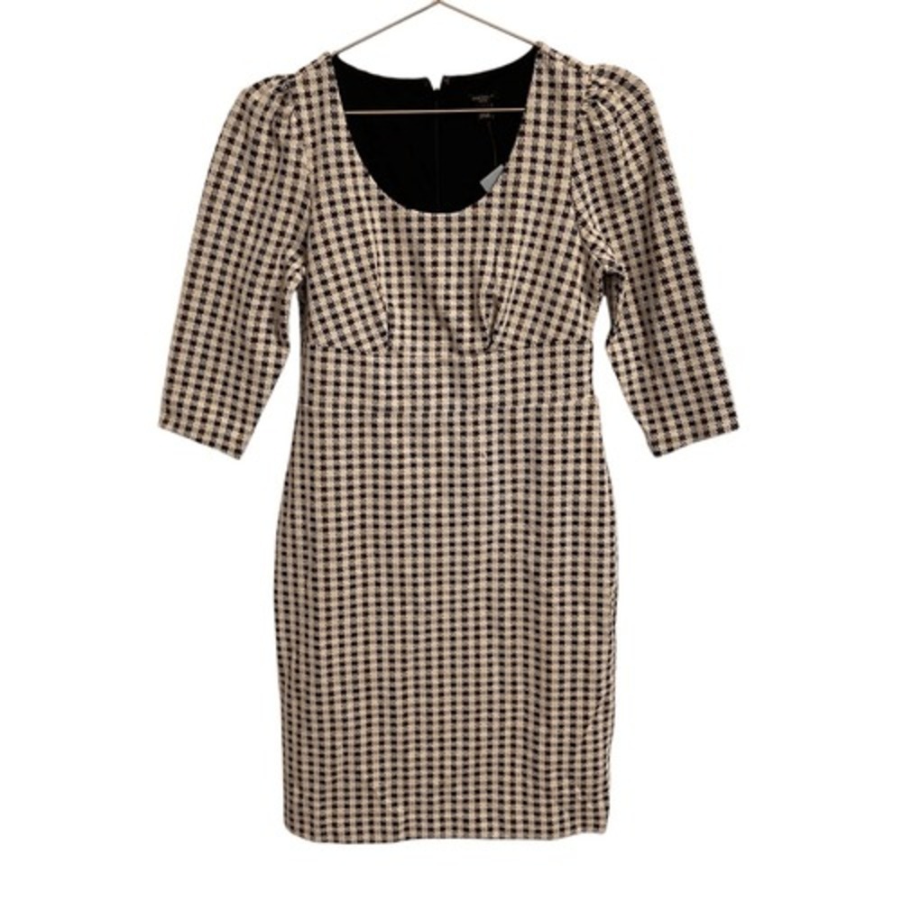 Ann Taylor Houndstooth Scoop Neck Sheath Dress Black White 3/4 Sleeve NWT